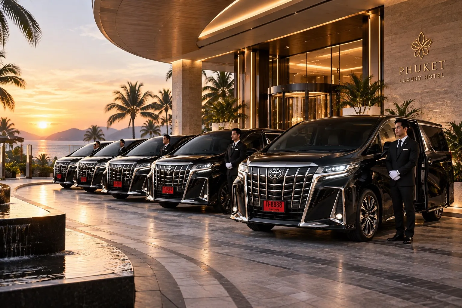 ขบวนรถ Alphard ยามพระอาทิตย์ตกที่รีสอร์ทในภูเก็ต