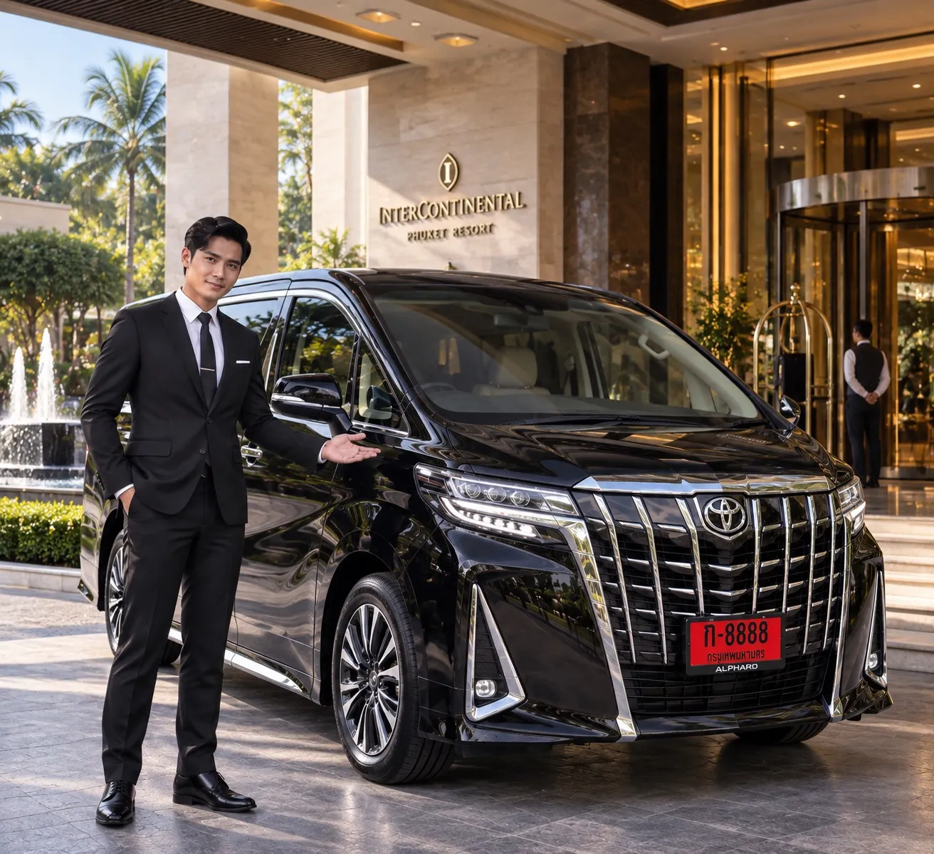 คนขับมืออาชีพยืนรอข้างรถ Toyota Alphard หน้าโรงแรม InterContinental Phuket Resort