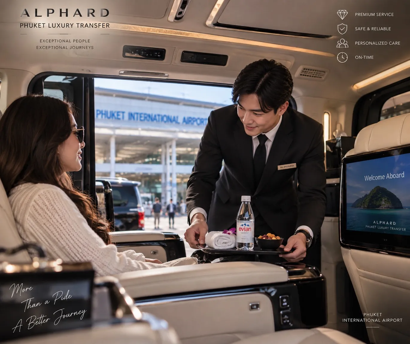 คนขับเสิร์ฟเครื่องดื่มให้ผู้โดยสารในห้องโดยสาร Alphard